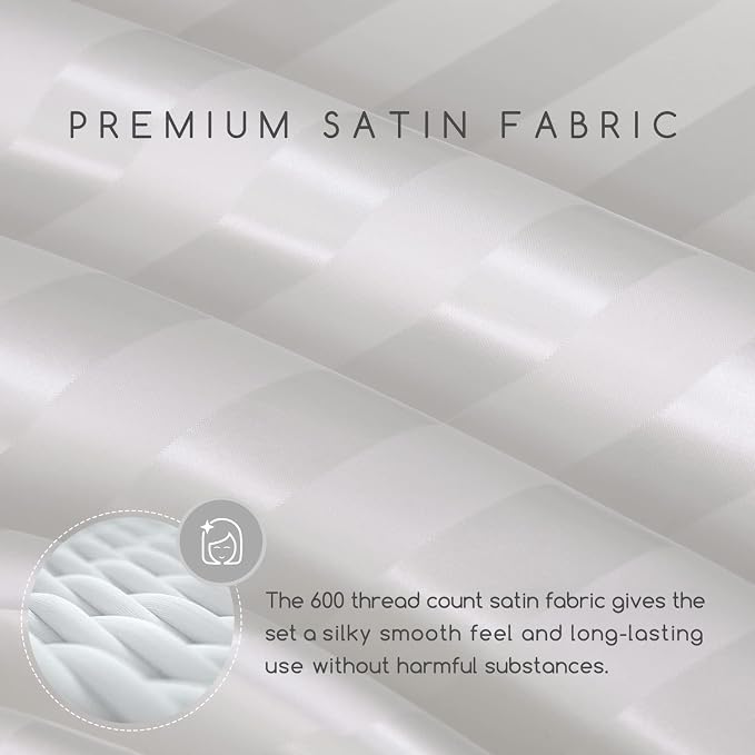 MR&HM Satin Sheets King Size with Elastic Corner Straps, Ivory Striped | Similar to Silk, 4-Piece Silky Soft Bed Sheet Set, Gentle on Skin and Hair, 15" Deep Pocket, Cooling & Breathable