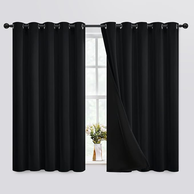 SimpleHome Black 100% Blackout Curtains Room Darkening Living Room 63 Inch | Curtains for Bedroom,Thermal Insulated Grommet Window Drapes,Curtains for Living Room with Black Back,62 x 63 Inch,2 Panels
