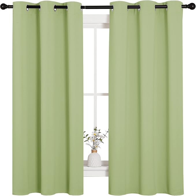 NICETOWN Nursery Curtains 63 inch Long, Thermal Insulated & Room Darkning Curtains with Grommet Top, Light Sage Green Draperies for Son's Room, Kitchen, 1 Pair, W42 x L63 in per Panel