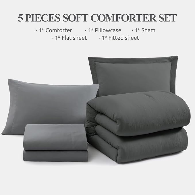 Twin XL Comforter Set- 5 Pieces Prewashed Bed in a Bag Twin Bedding Sets | Soft All Season Comforter with Sheets, Pillow Sham & Pillowcase, Grey