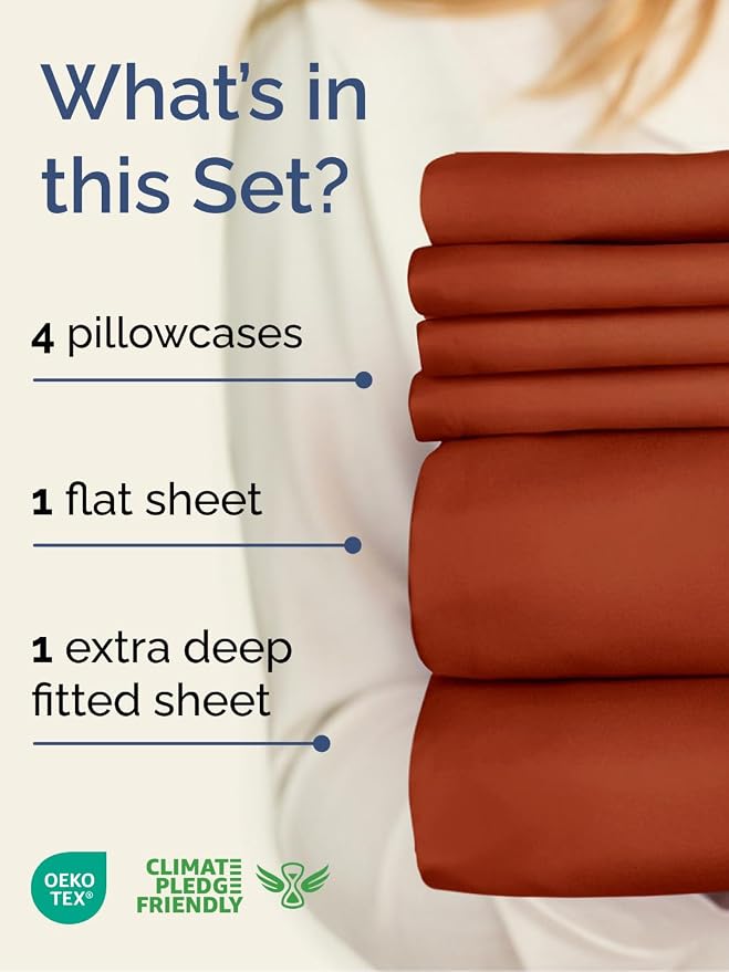 Extra Deep Full Sheet Set - 6 Piece Breathable Cooling Sheets - Terracotta | Hotel Luxury Bed Sheets Set, Easy & Secure Fit, Ultra-Soft, Wrinkle & Fade Free, Comfy Sheets Set with Extra Deep Pockets