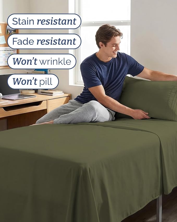 Twin XL 4 Piece Sheet Set - College Dorm Room Essentials - Sage Green | Ultra Soft Dorm Bedding Set, 8" to 16" Inch Deep Pockets, 1 Flat & 1 Fitted Sheet & 2 Pillowcases, Wrinkle & Fade Free