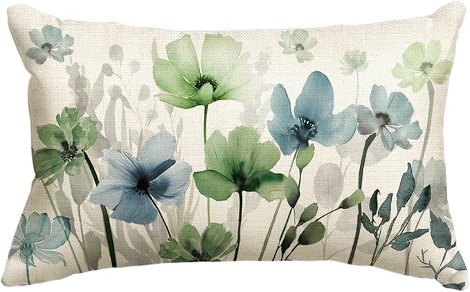 AVOIN colorlife Poppy Flowers Chinoiserie Throw Pillow Cover 12x20 Inch | Blue Sage Green Seasonal Leaves Cushion Case Decoration for Sofa Couch Farmhouse