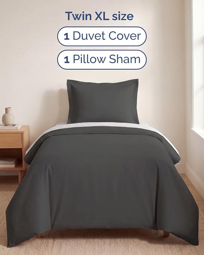 Duvet Cover Twin/Twin XL Size - 2 Piece with Zipper Closure - Charcoal | Extra Soft, Breathable, Twin/Twin XL Duvet Cover 68" x 90" w/ 1 Pillow Sham, Zipper Closures & Ties, Women, Men, Kids & Teens