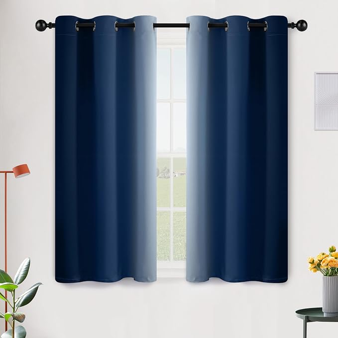 SimpleHome Ombre Blue to Grey White Curtains for Living Room 42Wx45L | Room Darkening Curtains for Bedroom,Gradient Light Blocking Curtain,Thermal Insulated Grommet Window Drapes,2 Panels,45 Inch