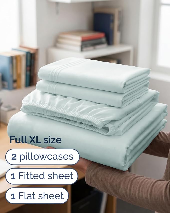 Full XL Sheets - 4 Piece Full XL Sheet Set - Cool & Breathable - Ice Blue | Hotel Luxury Bedding for Women & Men with Deep Pockets, Ultra-Soft, Comfy, Easy-Fit, Wrinkle Free & Fade Resistant, Oeko-Tex