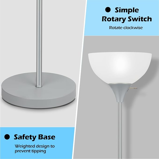 Coucrek Floor Lamp, LED Standing Lamps with White Plastic Shade, Corner Floor Lights for Living Room Bedroom, Rotary Switch, Bulb not Included, Grey