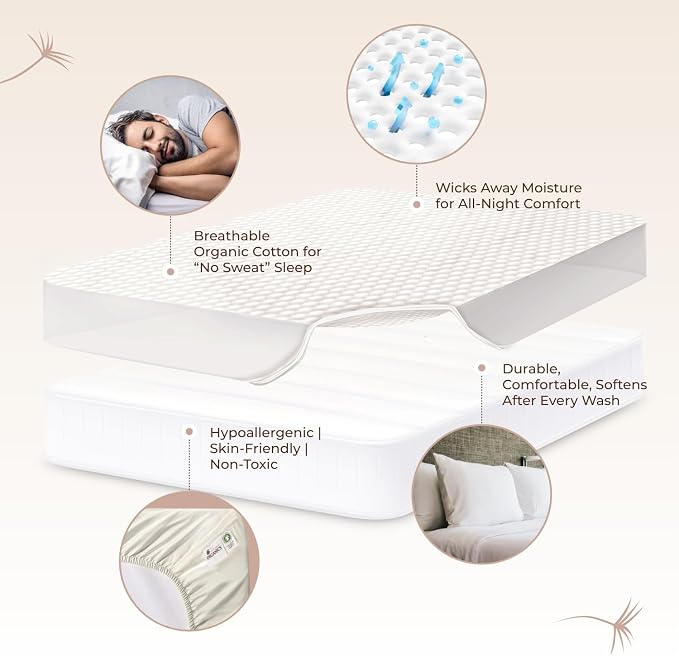 100% Cotton Organic Mattress Pad - Breathable & Cooling Mattress Protector Queen Size - Premium 300GSM Quilted and Machine Washable - Fairtrade & GOTS Certified Bed Protector (White, Queen)
