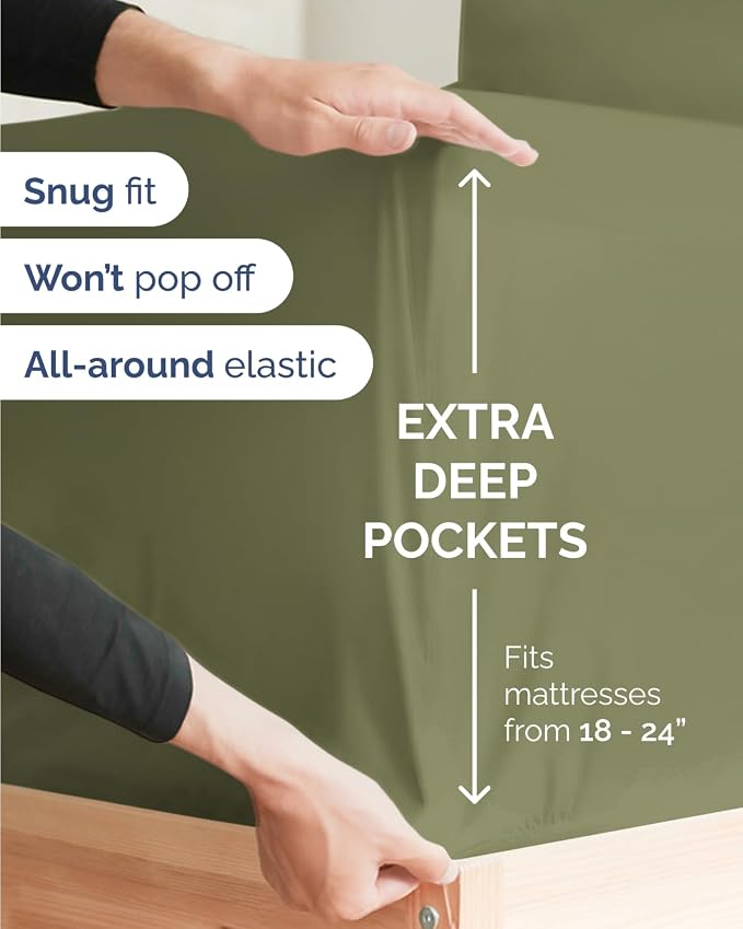 Flex Top Split Head King Sheet Set - 4 Piece Extra Deep Sheets - Sage Green | Easily Fits 18 to 24 inch Mattress, Ultra Soft, Wrinkle & Fade Free with Extra Deep Pockets, Comfy Hotel Luxury Bedding