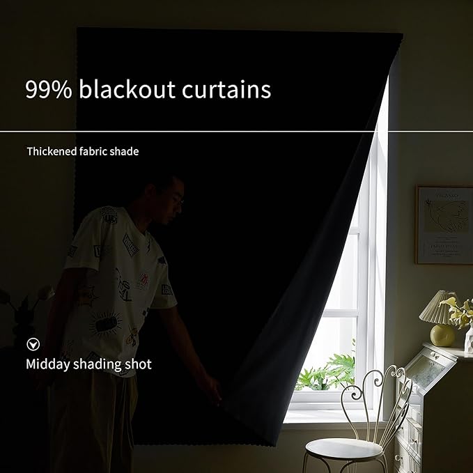 AJAZZ Self Adhesive Curtains 100% Blackout Shades Window Cover Sticky Curtain Portable Easy Open Black Out Curtains for Bedroom Living Room No Drilling (Black, 47" W x 96" L 1 Panel)