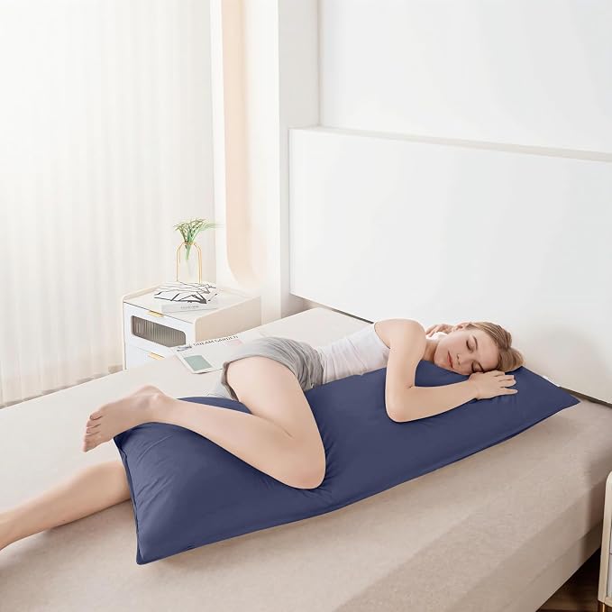 Goose Down Feather Body Pillows for Adults, Full Length Firm Hugging Pillow Insert for Side Sleepers, Breathable Large Long Pillow for Bed with 100% Organic Cotton Shell, Navy Blue 20"x60"