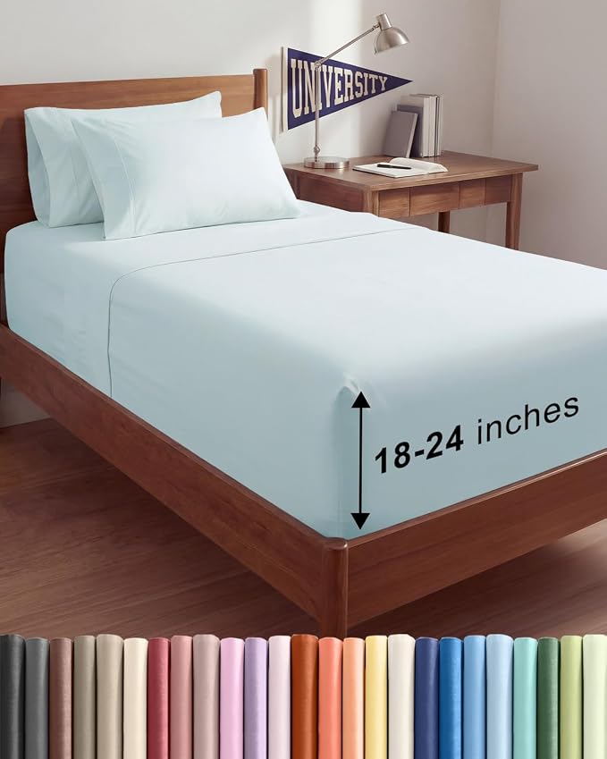 Extra Deep Twin XL Sheet Set - 4 Piece College Dorm Room - Ice Blue | College Dorm Room Essentials, Easy & Secure Fit, Ultra-Soft, Wrinkle & Fade Free, Comfy Sheets Set with Extra Deep Pockets