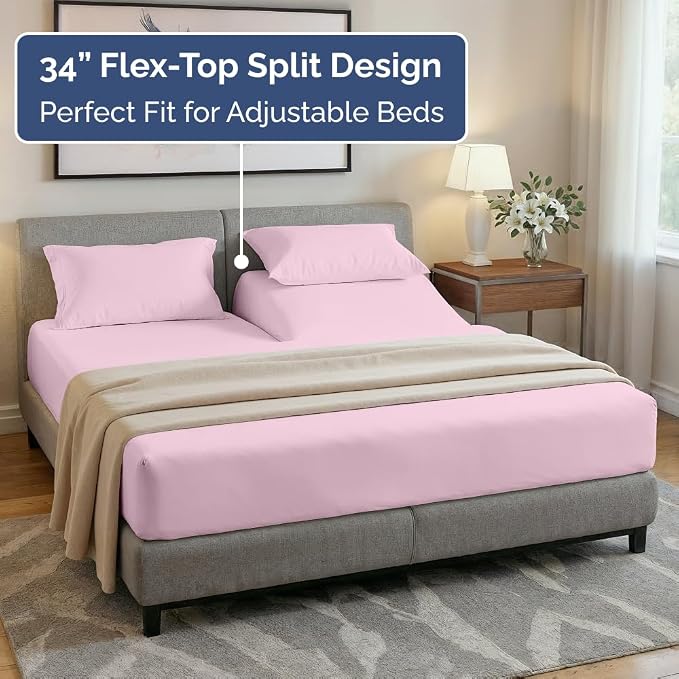 Flex Top Split Head King 4 Piece Sheet Set - Soft & Breathable - Light Pink | Cooling Bed Sheets Set, Hotel Luxury Bedding for Women & Men with Deep Pockets, Wrinkle Free & Fade Resistant, Oeko-Tex