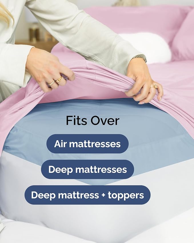 Flex Top Split Head King Sheet Set - 4 Piece Extra Deep Sheets - Light Pink | Easily Fits 18 to 24 inch Mattress, Ultra Soft, Wrinkle & Fade Free with Extra Deep Pockets, Comfy Hotel Luxury Bedding