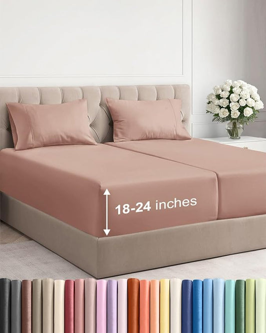 Extra Deep Split King Sheet Set - 5 Piece Breathable Cooling Sheets - Mauve | Easily Fits 18 to 24 inch Mattress - Ultra Soft, Wrinkle & Fade Free with Extra Deep Pockets - Comfy Hotel Luxury Bedding