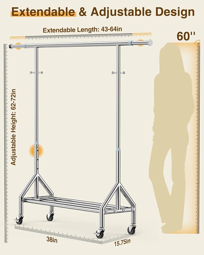 Upgraded 100% Stainless Steel Clothing Rack Load 760LBS, Heavy Duty Clothes Racks with Larger & Sturdy Wheel, Extendable & Adjustable Rolling Garment with Shelves for Hanging Portable Closet Rack