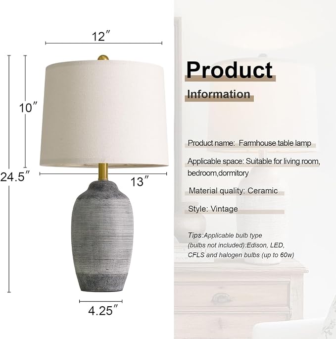 USumkky 24.5" Vintage Ceramic Table Lamp with 5FT Cord,Single Farmhouse Rustic Bedside Lamp with Natural Textured Finish, Nightstand Lamps for Living Room, Bedroom End Table Office Rustic Black & Gray