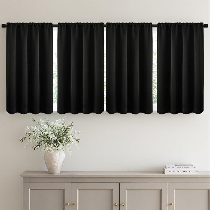 MIULEE 4-Panel 36 Inch Blackout Kitchen Tier Curtains Over Sink Black | Privacy Protection, Heat/Light Blocking, Cafe Curtains, Top&Bottom Rod Pocket, Suitable for Small Windows, Soft&Durable