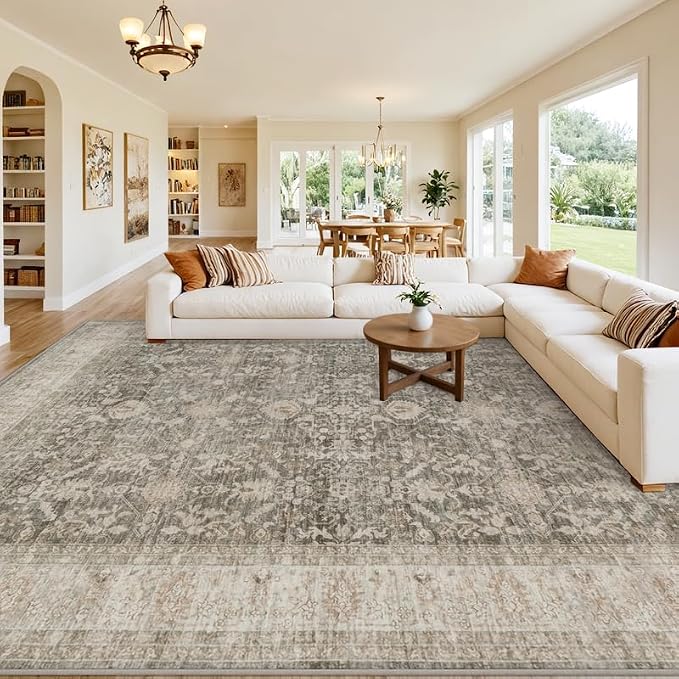Area Rugs 9x12 Living Room: Bedroom Washable Carpet Warm Taupe | Large Vintage Boho Indoor Decor Neutral Soft Nursery Farmhouse Dining Room Office Floor Non-Slip Low Pile Under Table Rug