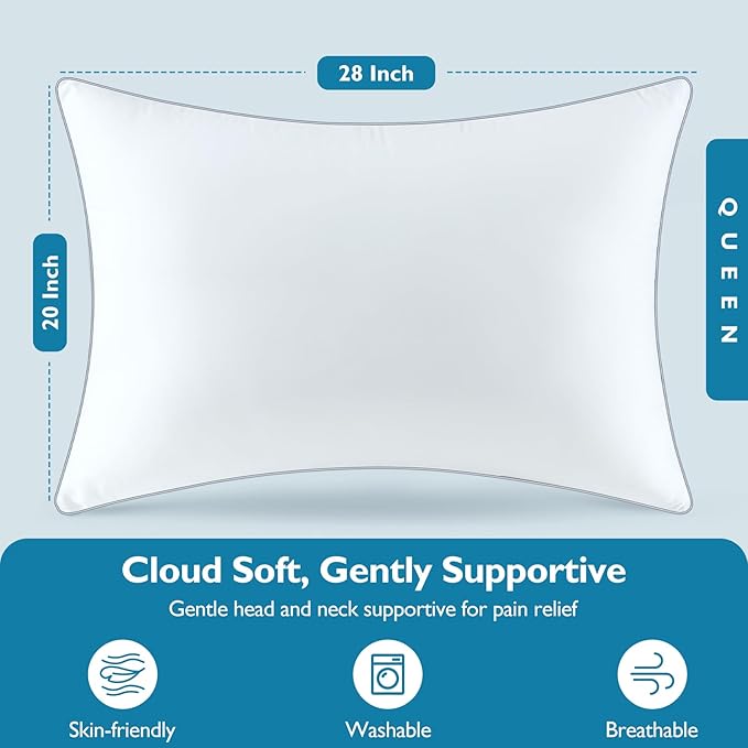 Pillows Queen Size Set of 2,Firm Adjustable Fluffy Bed Pillows for Sleeping | Down Alternative Fill Pillows, Zippered Plush Support, Hotel Quality, Oeko-TEX, Machine Washable,110GSM Grey Piping