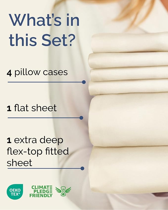 Extra Deep Flex Top Split Head King Sheet Set - 6 Piece Breathable and Cooling Sheets - Hotel Luxury Bedding for Women, Men, Kids & Teens - Easy Secure Fit - Extra Deep Pockets - Off White