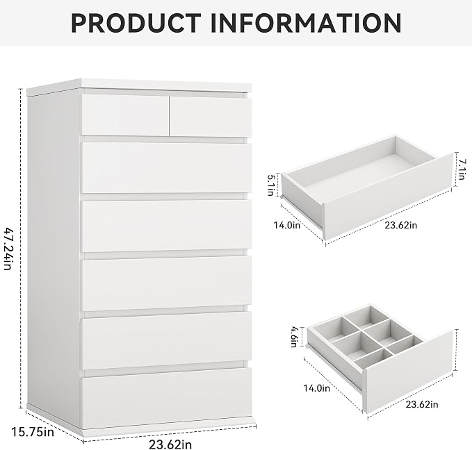 White Tall 7 Drawer Dresser for Bedroom, Modern Wood Closet Dressers & Chests of Drawers with Jewelry Storage, 23.6" L*15.8" W*47.5" H in Large Vertical Dresser for Bedroom, Living Room, Nursery