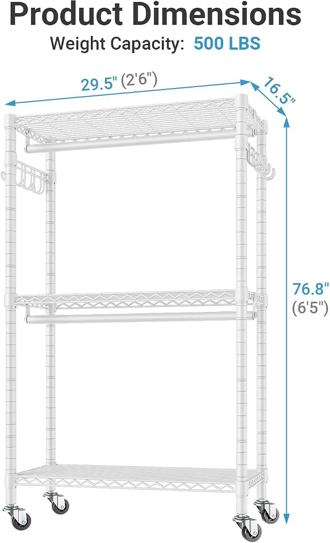 VIPEK R2 Medium Clothes rack for Hanging Clothes Rolling Closet System | Lockable Silent Wheels, Double Hanging Rods, Adjustable Wire Shelving/Side Hooks, Space-Saving for Small Space, 500lbs, White