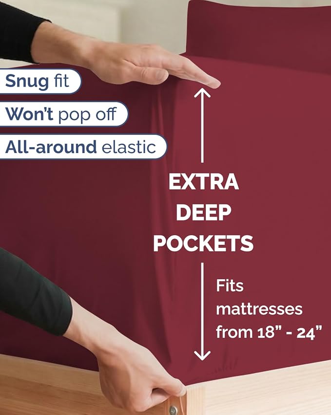 Extra Deep Twin XL Sheet Set - 3 Piece College Dorm Room - Burgundy | Soft, Breathable & Cooling, Easily Fits 18 to 24 inch Mattress, Wrinkle Free & Fade Resistant with Extra Deep Pockets
