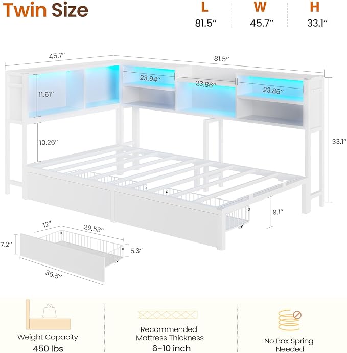 DICTAC Twin Corner Bed Frame with 2 Storage Drawers and Bookcase Headboard,Twin Size Metal Platform Bed Frame with Charging Station and Led Lights,Modern Twin Daybed for Kids,Teen and Guests,White