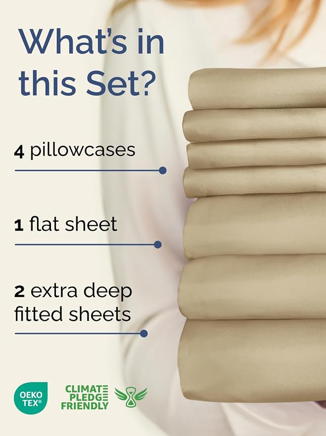 Extra Deep Split King Sheet Set - 7 Piece Breathable Cooling Sheets - Beige | Hotel Luxury Bed Sheets Set, Easy & Secure Fit, Ultra-Soft, Wrinkle & Fade Free, Comfy Sheets Set with Extra Deep Pockets