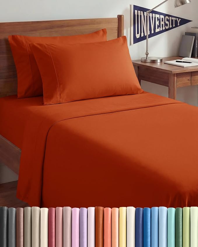 Twin XL 4 Piece Sheet Set - College Dorm Room Essentials - Terracotta | Ultra Soft Dorm Bedding Set, 8" to 16" Inch Deep Pockets, 1 Flat & 1 Fitted Sheet & 2 Pillowcases, Wrinkle & Fade Free