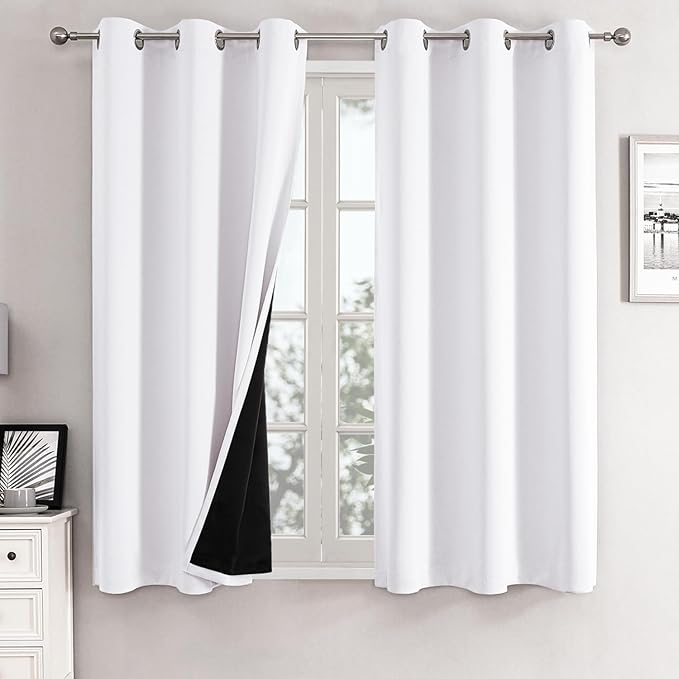 ChrisDowa White 100% Blackout Curtains for Bedroom 45 Inches Long 2 Panels | 2 Thick Layers, Thermal Insulated, Grommet, Window Treatment, Living Room Drapes with Black Liner, Pure White, 42 x 45 Inch