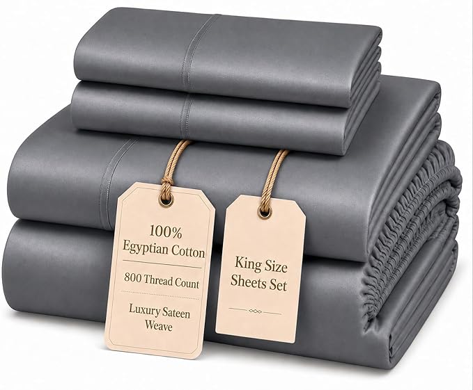 100% Cotton King Size Sheets Set, 4 Piece Sheet & Pillowcase Sets -Charcoal | 800 Thread Count, Sateen Weave, Hotel Luxury King Sheet Set, 15" Deep Pocket, Buttery Soft, Cool & Breathable Cotton Sheets