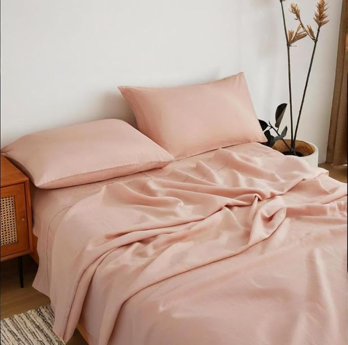 100% Linen Sheets Set Queen Size, Natural Pure Flax 4 Piece Bed Sets, 16" Deep Pocket, Breathable Cooling Bed Soft Durable Bedding, Machine Washable (Pink,Queen)