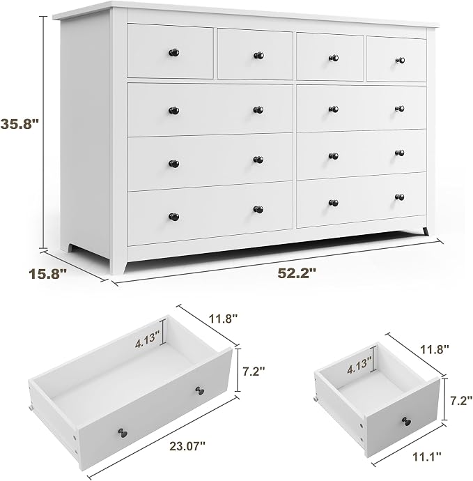 EnHomee White Dresser for Bedroom with 10 Drawer, Multi-Layer Organization | Modern Wood Chest, 52"W TV Stand Versatile for Living Room Entryway Closet, Metal Frame and Handles, Smooth Glides, Anti-Tip