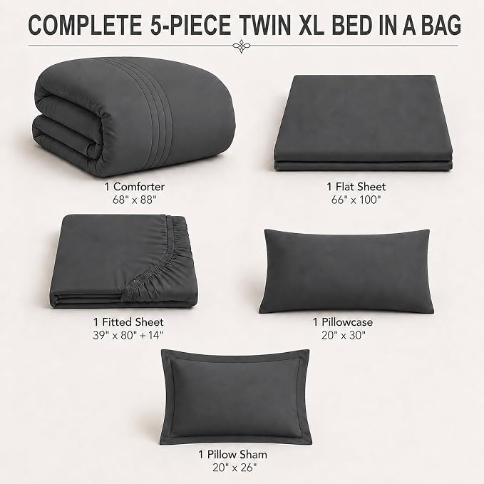 Twin XL Comforter Set Dark Grey - Bed in a Bag Twin XL Size 5 Pieces, Soft Bedding Set for All Seasons, Premium College Dorm Comforter Set with Comforter, 1 Sheet, 1 Pillowcase & 1 Sham