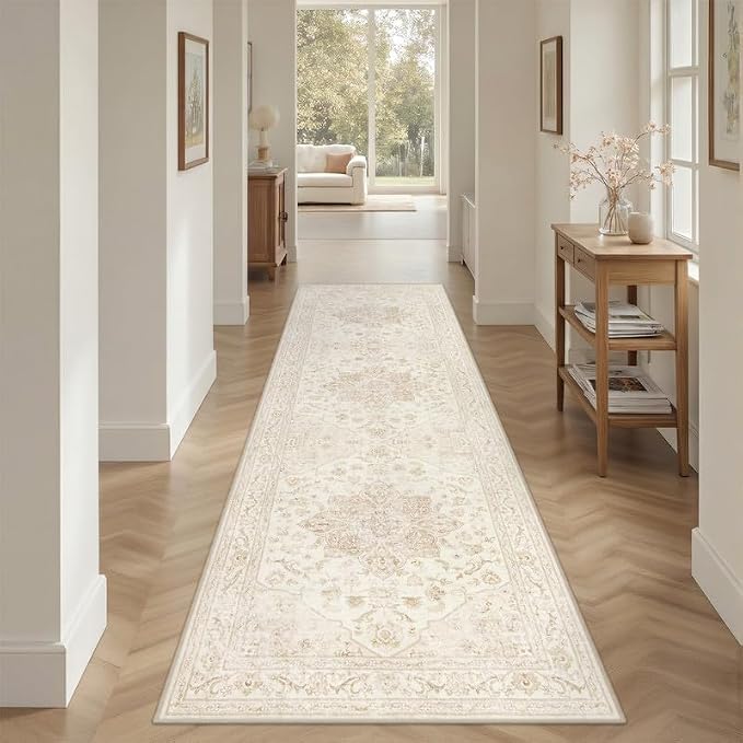 2'6''x8' Hallway Washable Runner Rug: Kitchen Carpet Beige White | Vintage Boho Soft Small Indoor Decor Floor Non-Slip Low Pile Neutral Farmhouse Entryway Laundry Bathroom Bedroom Beside Rugs