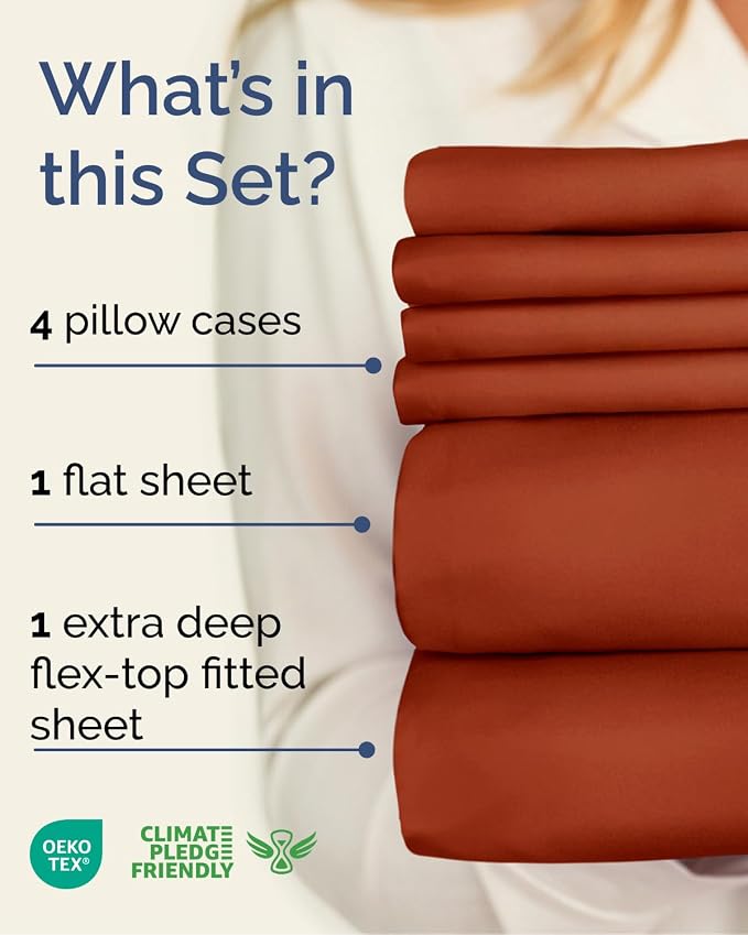 Extra Deep Flex Top Split Head King Sheet Set - 6 Piece Breathable and Cooling Sheets - Hotel Luxury Bedding for Women, Men, Kids & Teens - Easy Secure Fit - Extra Deep Pockets - Terracotta