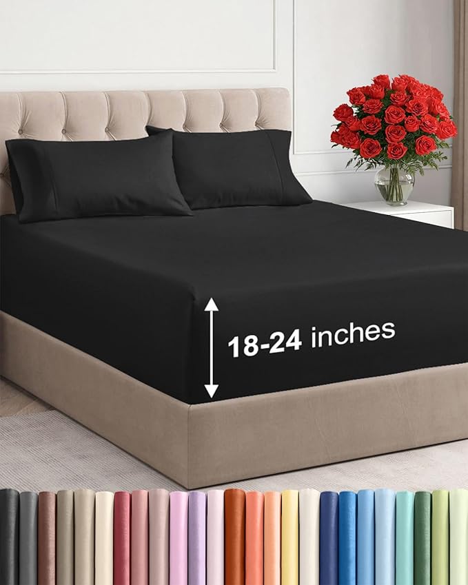 Extra Deep Twin Sheet Set - 4 Piece Breathable and Cooling Sheets - Black | Hotel Luxury Bed Sheets Set, Easy & Secure Fit, Ultra-Soft, Wrinkle & Fade Free, Comfy Sheets Set with Extra Deep Pockets