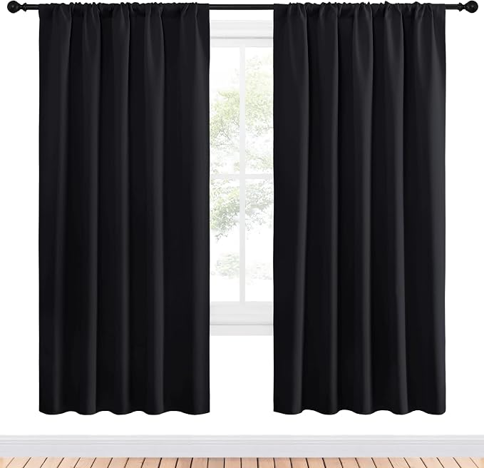 NICETOWN Black Blackout Curtains for Bedroom 52" Wide x 72" Long 2 Panels | Solid Thermal Insulated Window Treatment Blinds Drapes for Living Room Kitchen, Light Blocking Room Darkening Home Decoration
