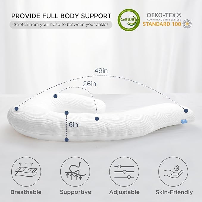 Body Pillow for Adults Swan Shaped Side Sleeper Pregnancy Pillow 49 Inch | Soft Long Bed Pillows Shredded Memory Foam & Removable Washable Cover - White Tencel (Pillow and Extra Pillowcase)