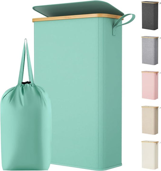 Lifewit 75L Slim Laundry Hamper with Lid, Narrow Laundry Basket with Removable Bag & Bamboo Handles, Fodable Thin Dirty Clothes Hamper for Laundry Collapsible Bin for Bathroom Bedroom Dorm, Sage Green