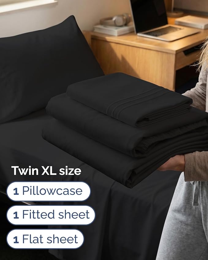 Twin XL 3 Piece Sheet Set - College Dorm Room Essentials - Black | Deep Pocket Bed Sheets for Women, Men, Teens & Students, Soft, Cooling, Breathable & Wrinkle Free, Oeko-Tex Bed Sheet Set