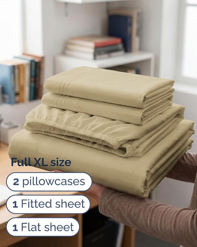 Full XL Sheets - 4 Piece Full XL Sheet Set - Breathable & Cooling - Beige | Hotel Luxury Bedding for Women & Men with Deep Pockets, Ultra-Soft, Comfy, Easy-Fit, Wrinkle Free & Fade Resistant, Oeko-Tex