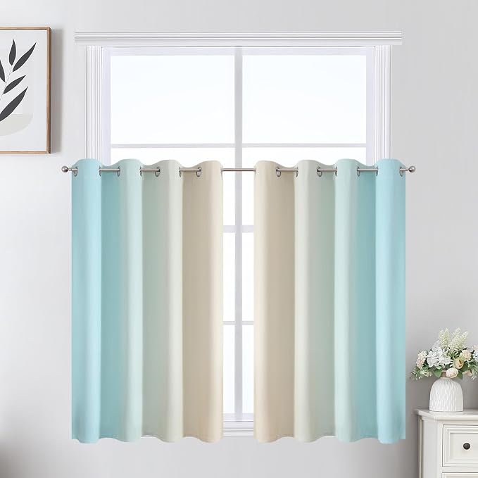 Aqua and Beige Ombre Blackout Curtains for Bedroom 36 Inch | Thermal Insulated Curtains for Basement/RV Camper,Room Darkening, Small Half Window Grommet Gradient Drapes,52Wx36L,2 Panels