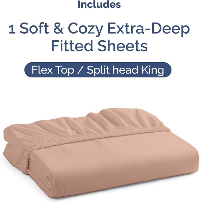 Extra Deep Flex Top Split Head King Fitted Sheet Only - Mauve | Easily Fits 18 inch to 24 inch Mattress, Soft, Wrinkle Free, Breathable & Comfy, Extra Deep Pockets Hotel Luxury Fitted Sheet