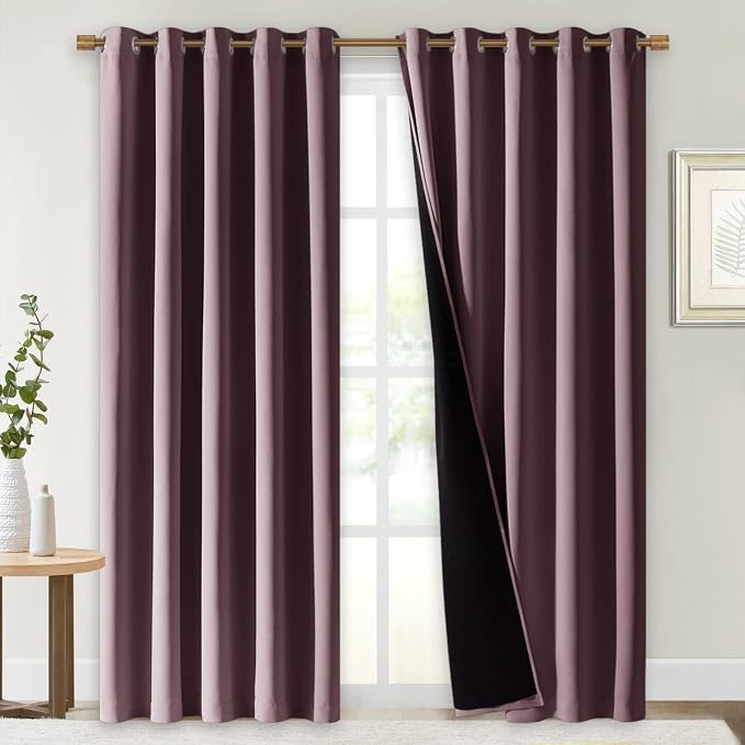 NICETOWN 100% Blackout Window Curtain Panels, Cold and Full Light Blocking Drapes with Black Liner for Nursery, 84 inches Drop Thermal Insulated Draperies (Dry Rose, 2 PCs, 70 inches Wide Each Panel)