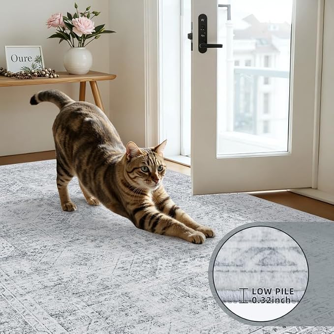 2'6''x8' Hallway Washable Runner Rug: Neutral Kitchen Carpet Gray | Vintage Boho Soft Small Indoor Decor Floor Non-Slip Low Pile Neutral Farmhouse Entryway Laundry Bathroom Bedroom Beside Rugs