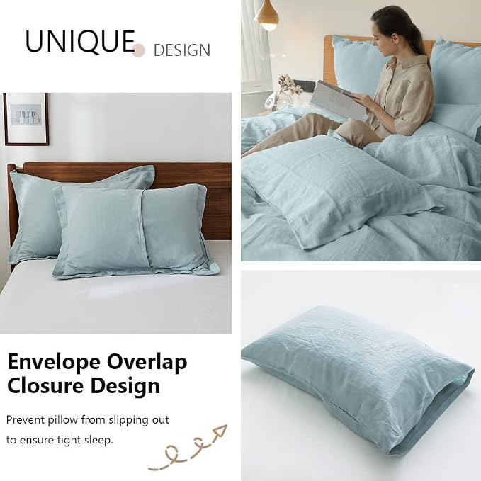 Simple&Opulence 100% Washed Linen Duvet Cover Set 5pcs(1 Duvet Cover& 2 Shams& 2 Pillowcases) Basic Style Natural French Flax Soft Breathable Farmhouse Bedding (Queen, Dusty Blue)