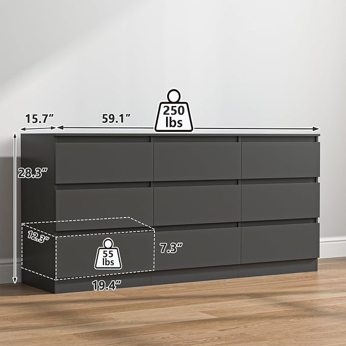 Vibe & Dine Black Dresser 9 Drawer, Modern Long Dresser for Bedroom, Wood Chest of Drawers with Wide Storage for Living Room